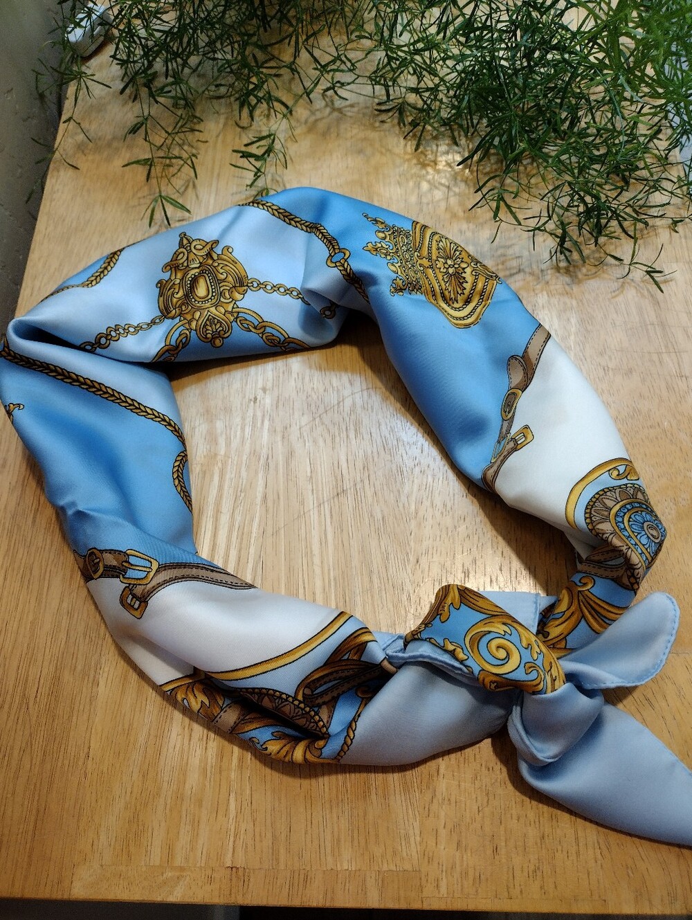 Vintage Style Light Blue & Gold Baroque Print Square Scarf